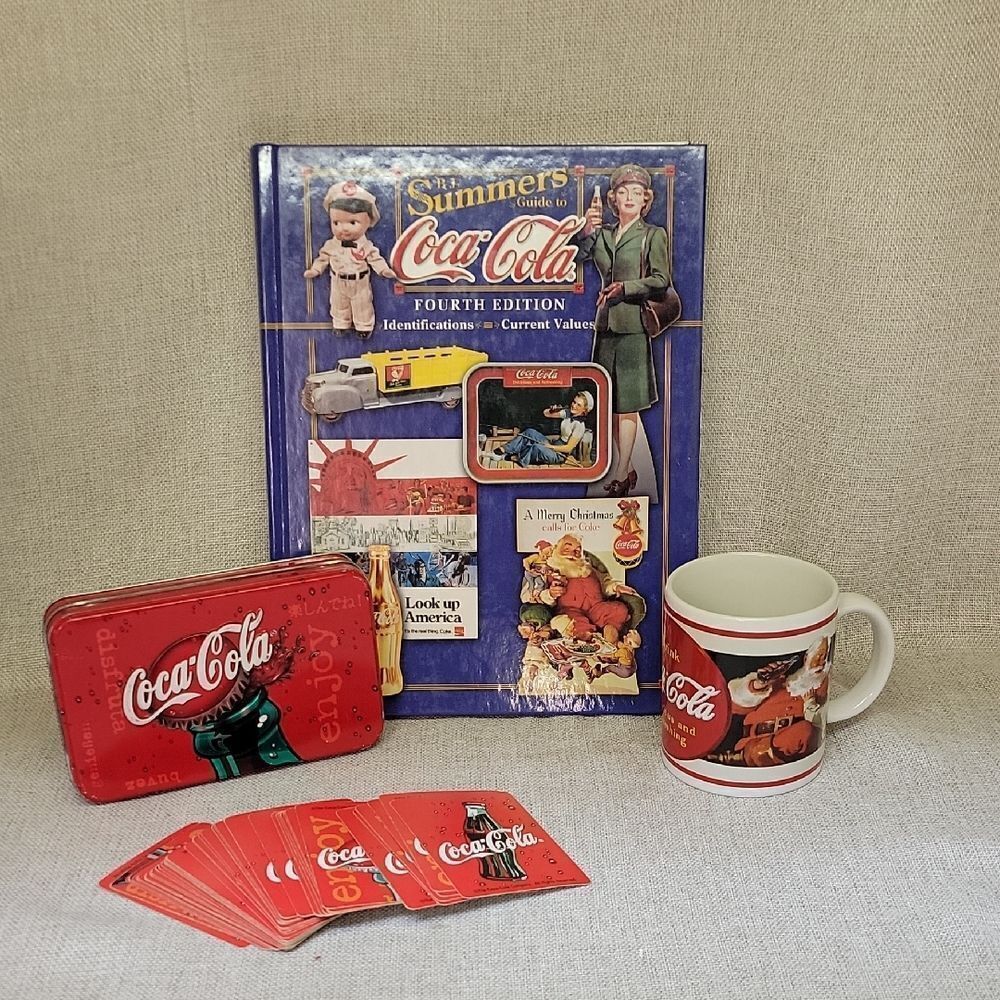 Coca Colaโ Collector's Tin w/2โDecks of Coke Cards, Collectors Guide Book, Mug